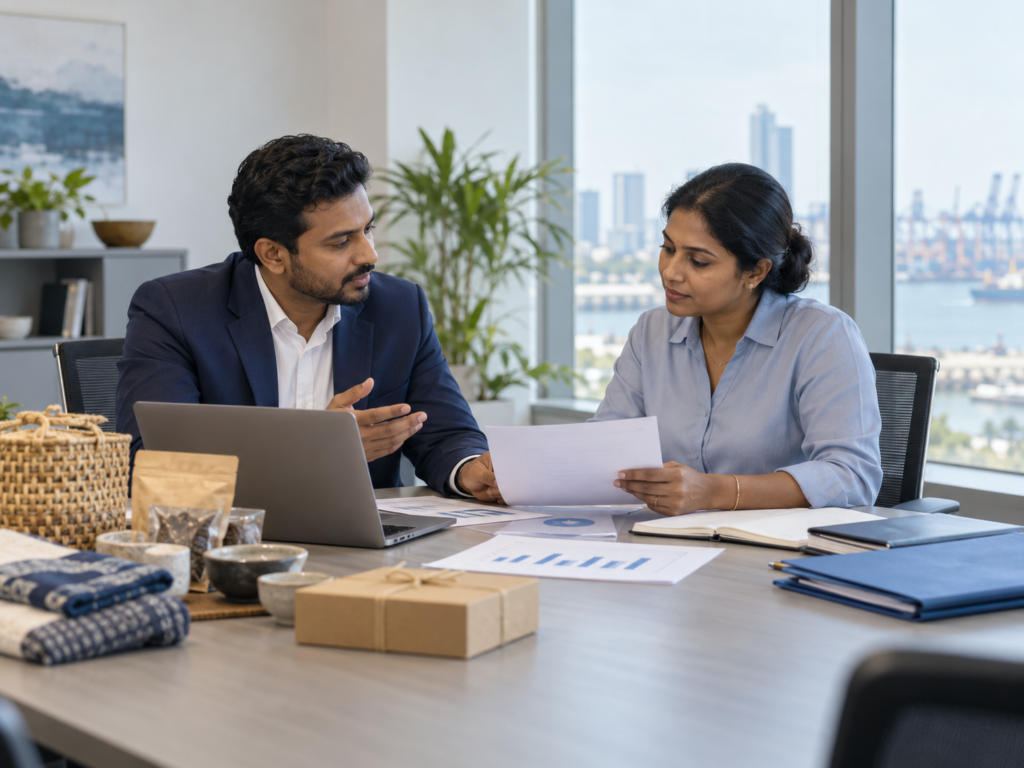 Sri Lankan business consultant and exporter reviewing documents and product samples together at a meeting table in a bright modern Colombo office