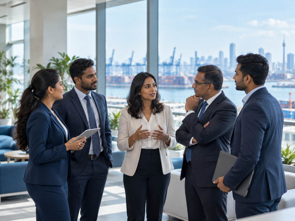 Sri Lankan exporters and business professionals discussing opportunities together in a modern Colombo office overlooking the port
